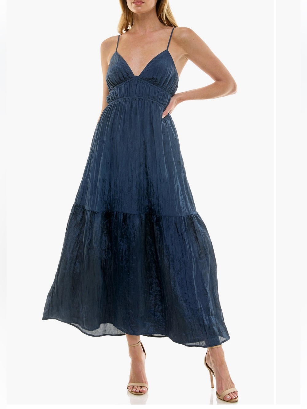 Chiffon Empire Waist Tiered Maxi Dress XS Deep Indigo